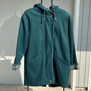 Vintage 80s Herman Kay Forest Green Plaid Hooded Wool Winter Coat, SZ 8